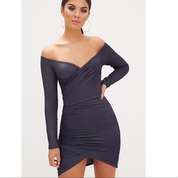 PrettyLittleThing Dresses & Skirts - PrettyLittleThing Bardot Denim Look Bodycon Dress